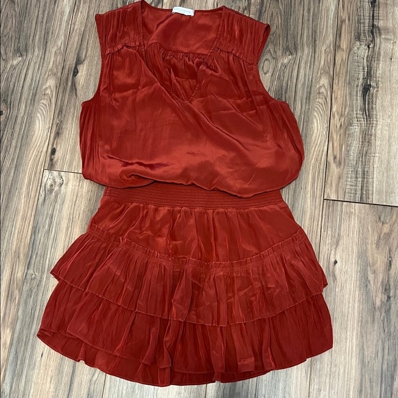 Ramy Brook Kiara Ruffle Mini Dress Brick Red M Sleeveless Smocked Waist Tiered - Picture 2 of 9
